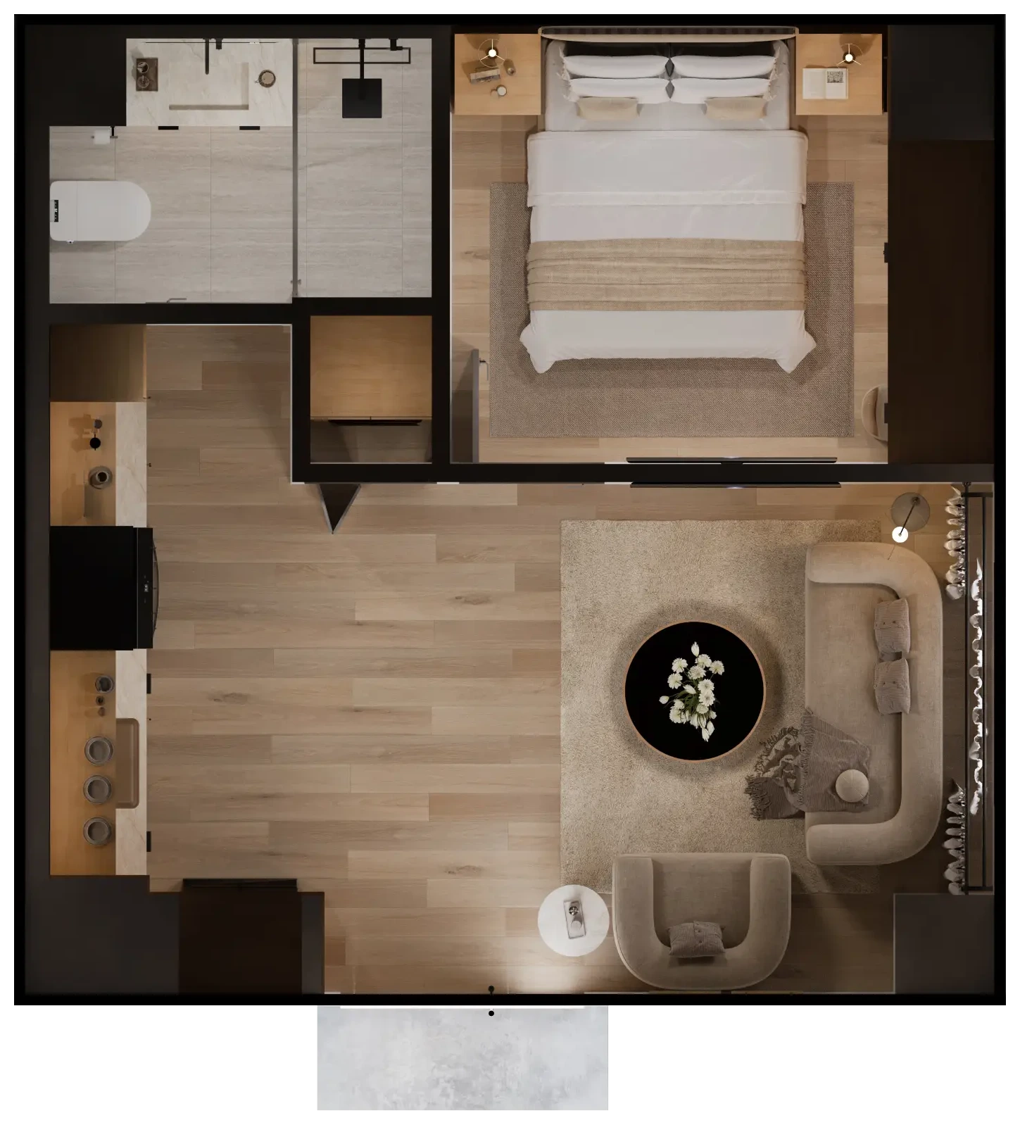 Karlev 400 SQFT furnished top down floor plan render