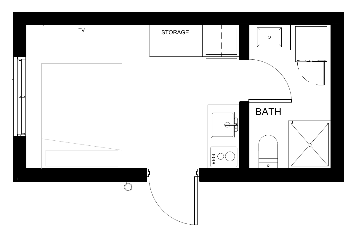 Karlev 200 SQFT floor plan with bathroom, kitchenette and open living area