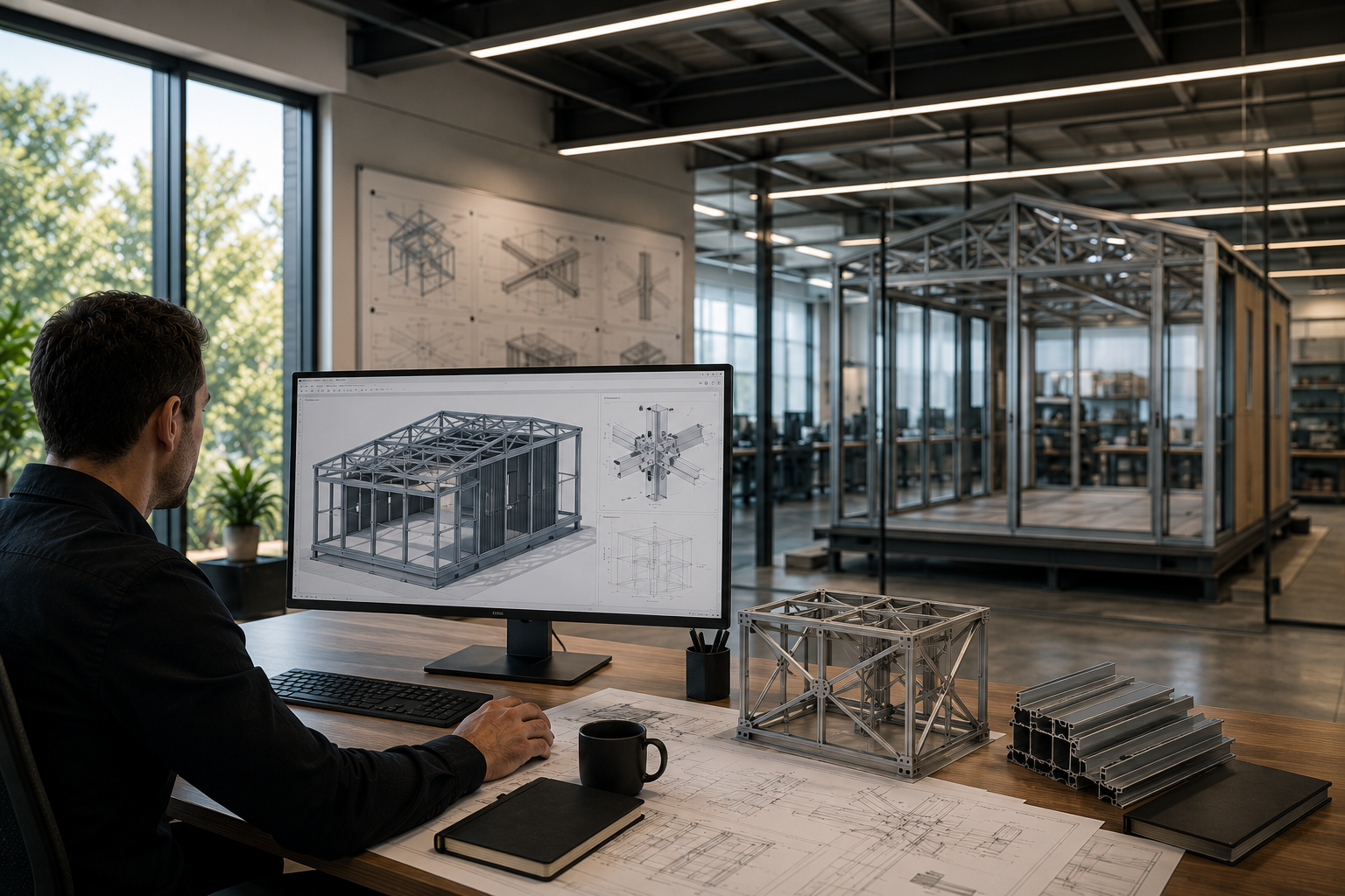 Karlev engineer working on a structural CAD model of the aluminum spaceframe