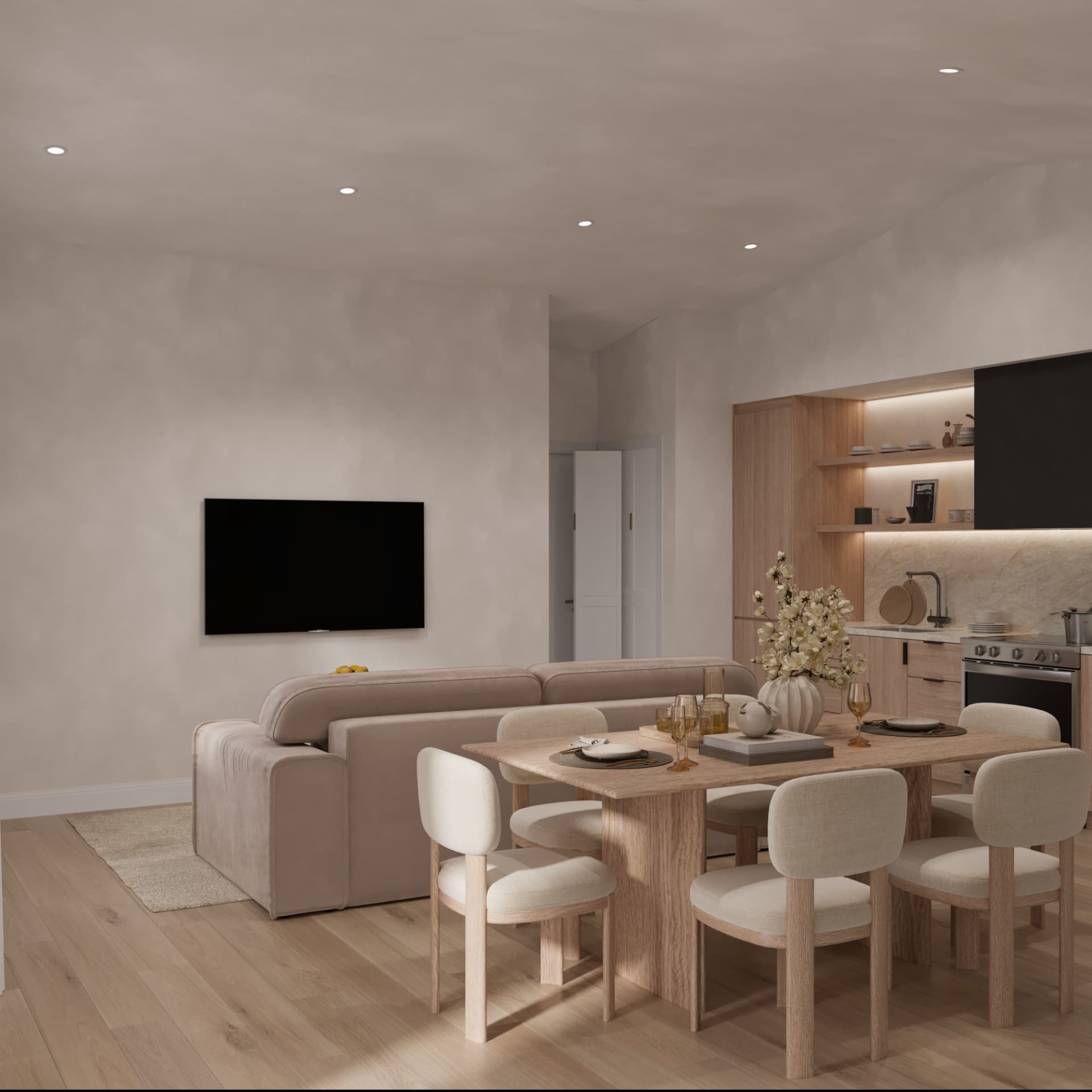 Open living, dining, kitchen.