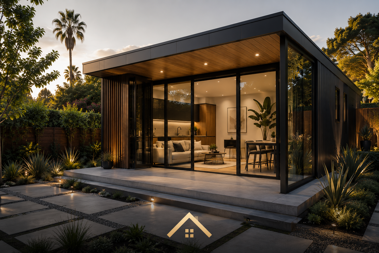 Karlev home at dusk with glazed facade lit from within