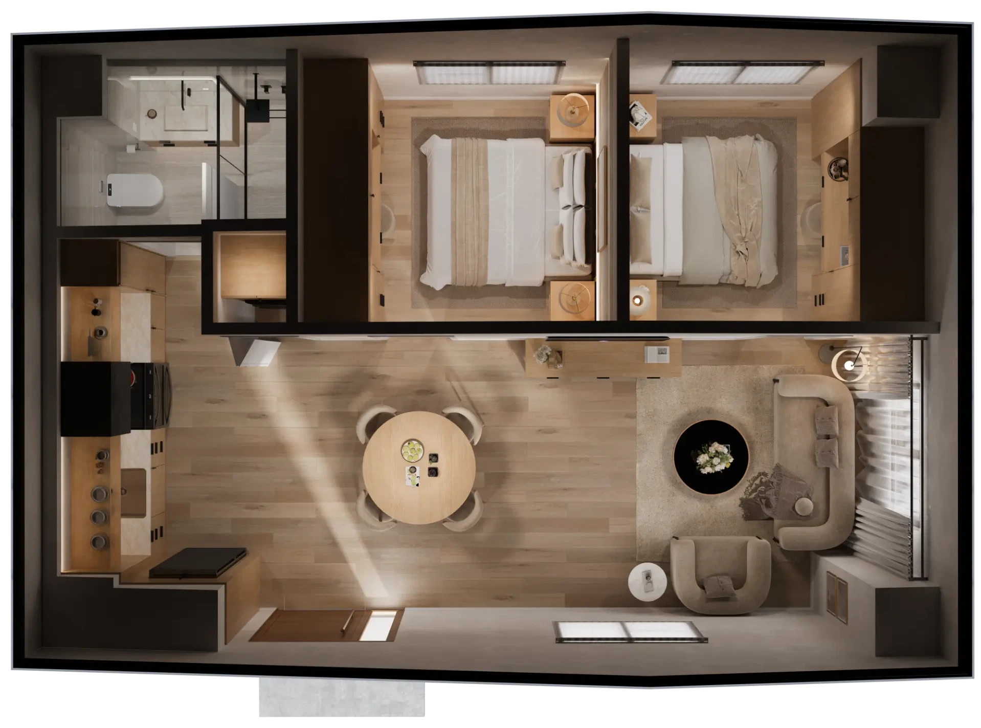 Karlev 600 SQFT furnished top down floor plan render