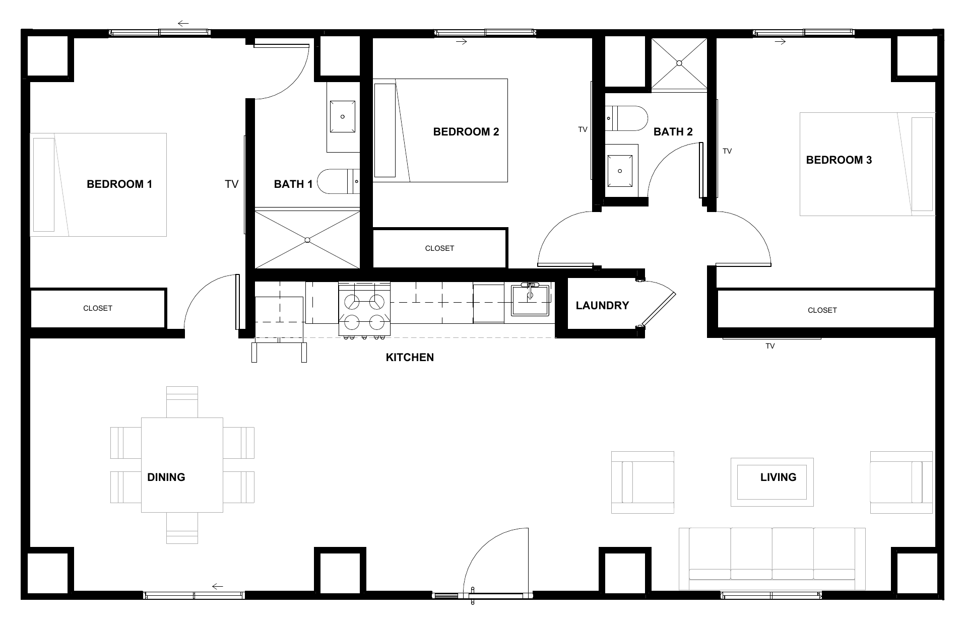 Karlev 1200 SQFT floor plan, three bedrooms, two baths, open kitchen and living