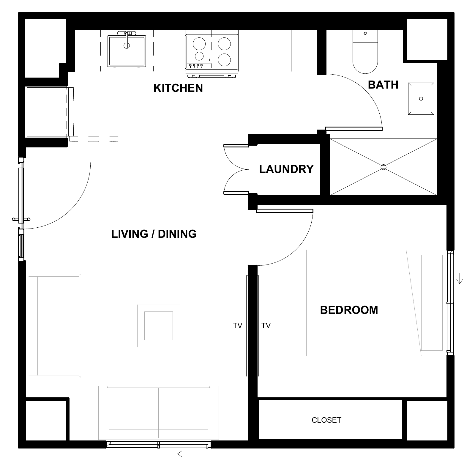 Karlev 400 SQFT floor plan, 20 ft 6 in by 20 ft 6 in 1-bedroom with kitchen, bath/laundry, and open living
