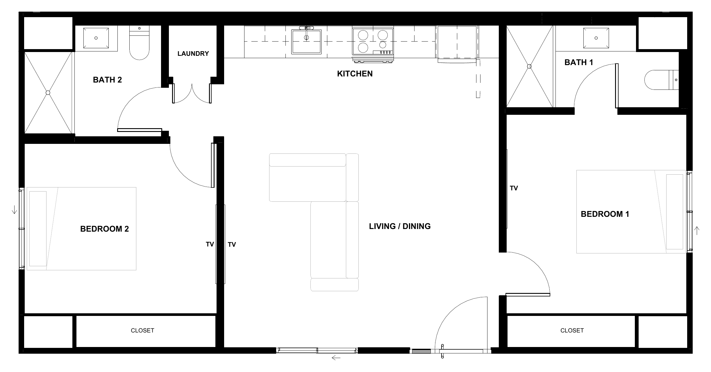 Karlev 800 SQFT floor plan, 20 ft 6 in by 40 ft 6 in 2-bedroom with 16 ft 8 in by 19 ft 6 in living, kitchen, walk-in closets, and two full baths